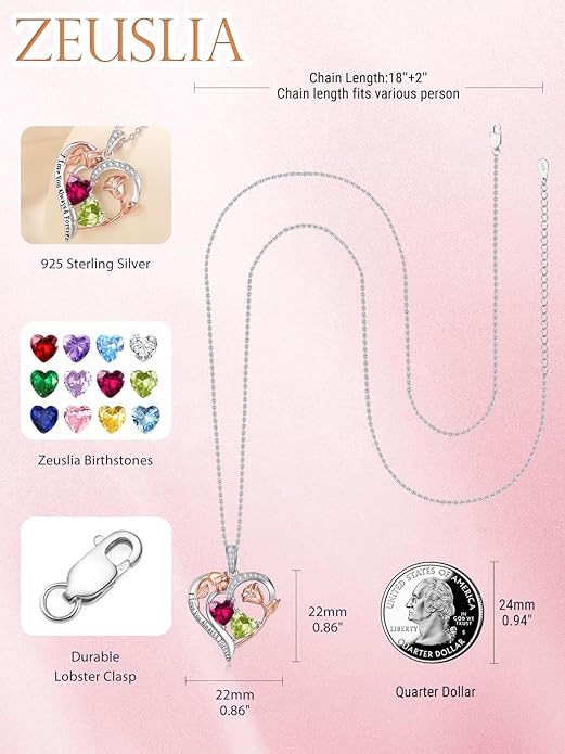 Zeuslia Double Birthstone Necklace Gifts for Wife - 925 Sterling Silver Sunflower/Rose/Crown Cross/Compass/Heart Pendant I Love You Necklace, Anniversary Birthday Gifts for Wife Girlfriend Mom Her
