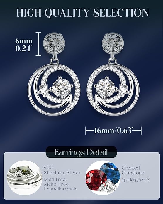 FANCIME Dangle Drop Earrings 925 Sterling Silver Moon Star Round Gemstone Birthstone Jewelry Birthday Christmas Gifts for Her Women