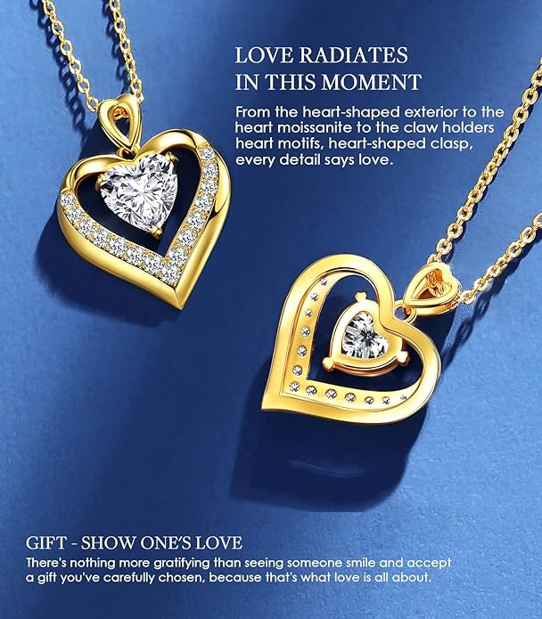 Beam & Bask 2-3 Ct Moissanite Double Heart Pendant Necklaces for Wife, 18K Gold Plated S925 Silver Jewelry for Women Girlfriend Mom Her on Anniversary Birthday