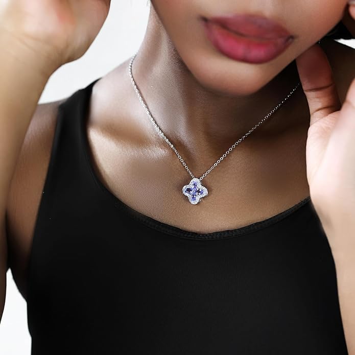 Pendant Necklaces for Women 925 Sterling Silver with Moissanite & Genuine Jewelry, Lucky Clover, Butterfly, Pink Crystal Heart Design, 14K White Gold Plated Nacklace, Mom Wife Women's Birthday Gifts
