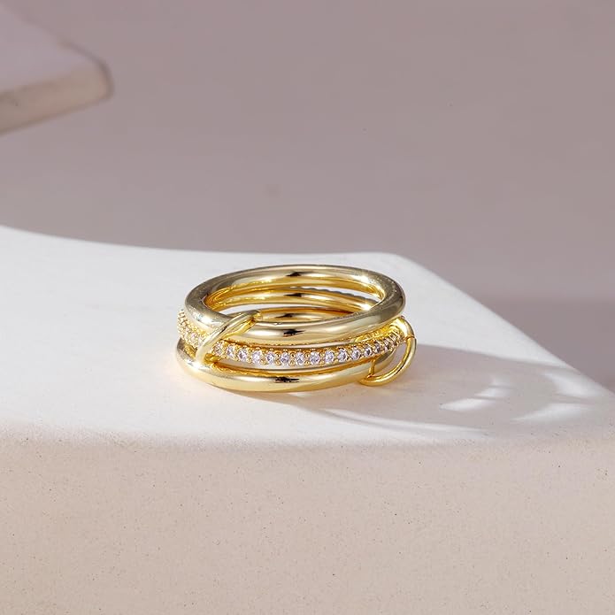 FUSAHURIY 2PCS Gold Stackable Rings Set for Women, 14K Gold Plated Interlocking Linked Rings with Cubic Zirconia, Gold Silver Mixed Metal Stackable Ring, Statement Jewelry Gifts