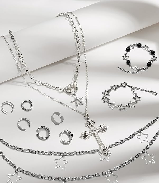 Molirex 12 Pcs Y2k Accessories Set Grunge Layered Necklace, 3 Star Chains with 6 Rings Vintage Silver Jewelry for Women