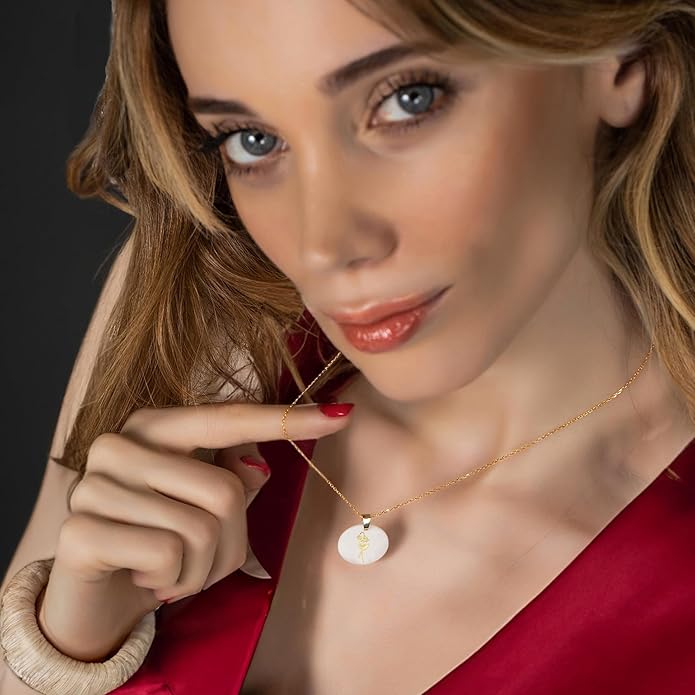 ONTHOLOGIE Birth Month Flower Necklace on Natural Mother of Pearl, 925K Sterling Silver Pendant Birth Flower Necklace, Personalized Birth Month Jewelry, Meaningful Gift for Women