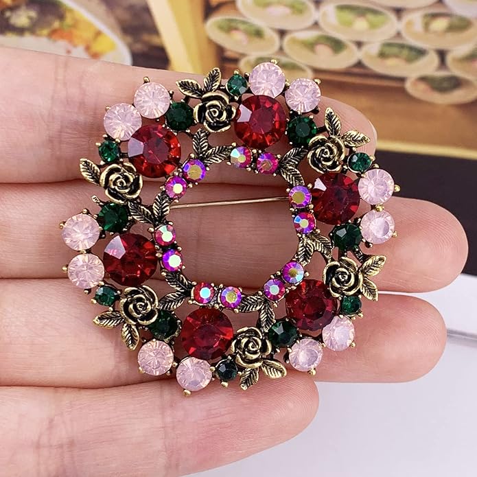 SELOVO Rose Flower Red Brooch Rhinestone Lover Brooch Pin
