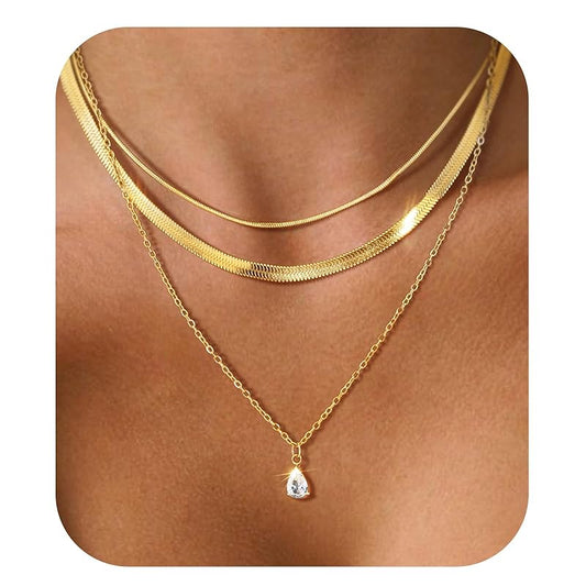 Layered Gold Necklaces for Women,14k Gold Plated Dainty Necklace Stack Set,Non Tarnish Adjustable Stainless Steel Cubic Zirconia Pendant Choker Herringbone Snake Chain Jewelry