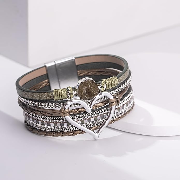 FANCY SHINY Heart Leather Wrap Bracelets Stackable Boho Cuff Bangles Trendy Resin Stone Rhinestone Bracelets with Magnetic Clasp for Women