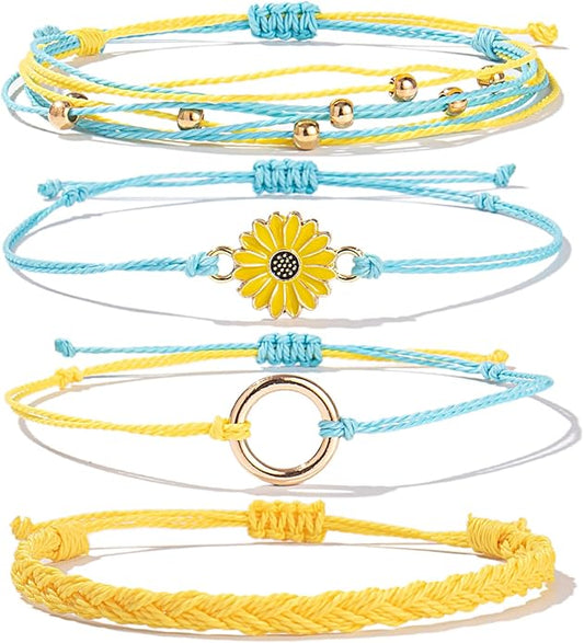 FANCY SHINY Sunflower String Bracelet Boho Braided Rope Wrap Bracelets Cute Summer Beach Surfer Jewelry for Women