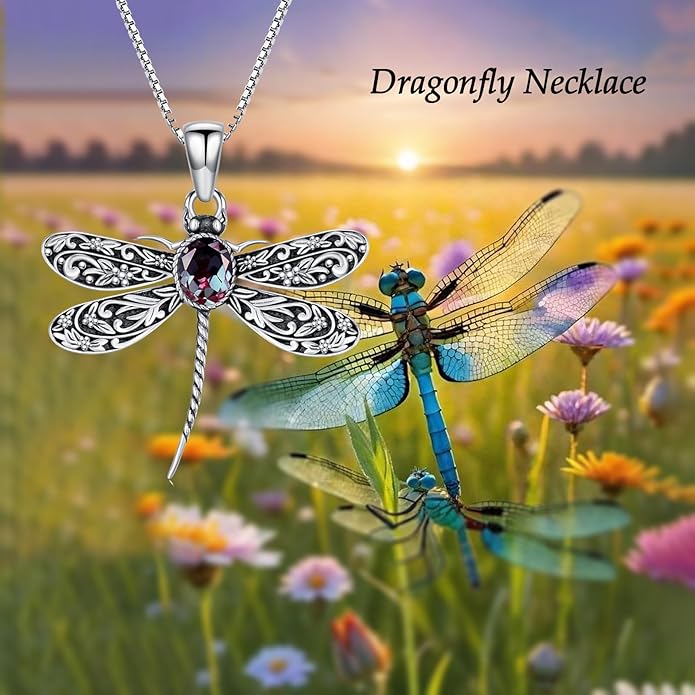 Vintage Dragonfly Necklace for Women 925 Sterling Silver, Oval Birthstone Dragonfly Pendant Boho Jewelry Birthday Gift for Her, Mom, Grandma