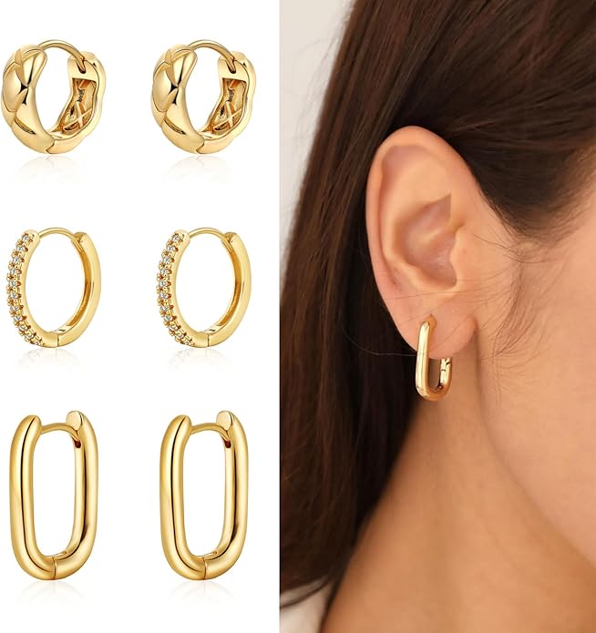 MIDEEO Gold/Sliver Chunky Hoop Earrings Set for Women, 14K Gold Plated Twisted Huggie Hoop Earring Hypoallergenic Thick Open Lightweight Chunky Hoop Earrings Jewelry for Gifts