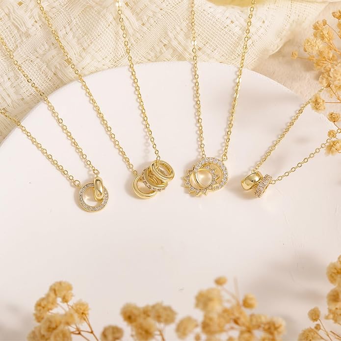 Gold Necklace for Women, Dainty 14K Gold Plated Pendant Necklaces for Women Trendy Simple Choker Chain Cubic Zirconia Circle/Interlocking/Sun Necklace Fashion Jewelry Birthday Christmas Gift