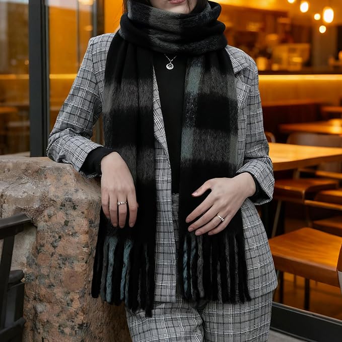 SHOHOKU Large Chunky Plaid Scarf Coloured Checked Oversized Scarf Tassel Soft Fall Winter Thick Warm Shawl Women