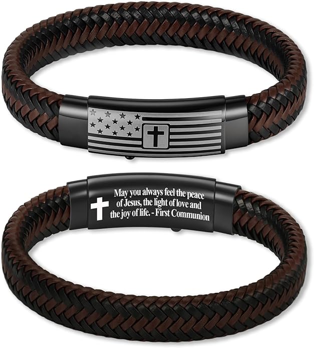 American Flag Leather Bracelet for Men Bible Verse Bracelets Cross Bracelet Christian Jewelry Gift for Men