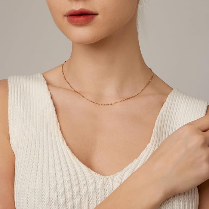 Gold Chain Necklace for Women Dainty 18K Gold Plated Thin Satellite Beaded Turquoise Necklace Simple Gold Boho Jewelry