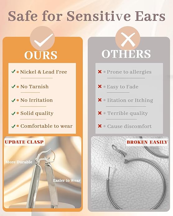 925 Sterling Silver Hoop Earrings for Women Hypoallergenic Oval Sterling Silver Hoop Earrings Large Silver Hoops Earring Lightweight Thick Silver Hoops Earrings for Women 30/40/55/65MM