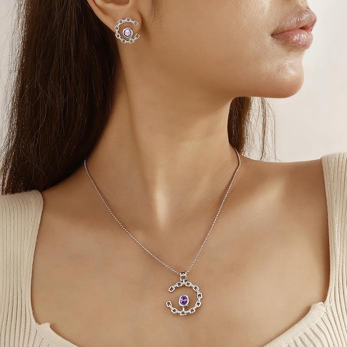 Ydou Elegant C-Shaped Crystal Necklaces/Stud Earrings Set with Birthstone Jewelry Set Silver Plated Fashion Jewelry for Women CS0003