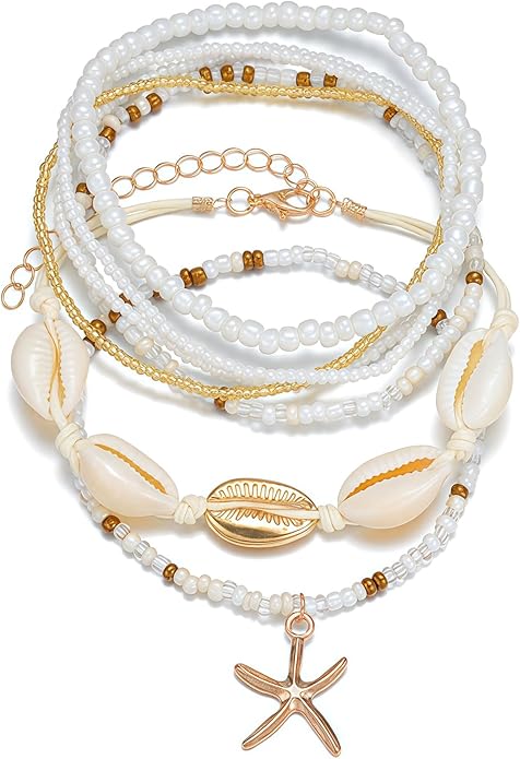 Shell Ankle Bracelet Set for Women, Gold Plated Boho Bead Adjustable Anklet, Hawaiian Beach Seashell Pearl Heart Starfish Conch Foot Jewelry Gifts
