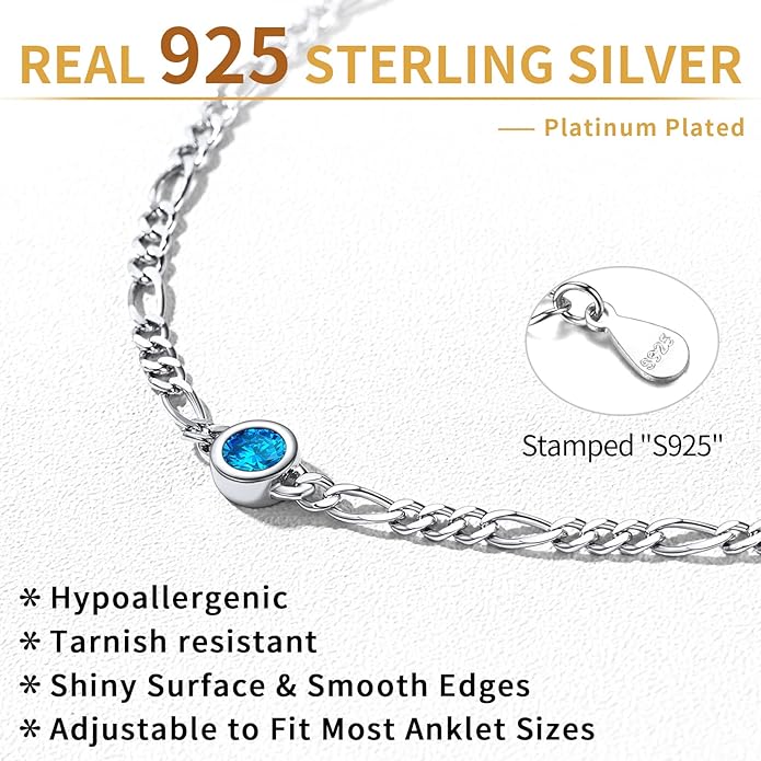 ChicSilver Sterling Silver Anklets Bracelets for Women, Figaro Chain Heart/Round Birthstone Anklet for Women Waterproof, Dainty Herringbone Ankle Bracelet Summer Beach jewelry