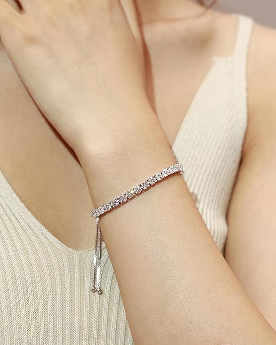 FANCIME Moissanite Tennis Bracelet 1.2ct-12ct Lab Created Moissanite Diamond Bracelets,925 Sterling Silver Adjustable Bolo Tennis Bracelets, 2/3/4/5mm D Color VVS1 Round Cut Moissanite Bracelet for Women