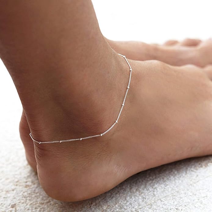 Pencros Dainty Layered Anklet,14K Gold Filled Cute Beads Satellite Chain Heart Boho Adjustable Anklets for Women