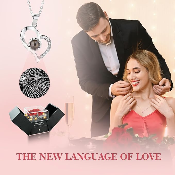 Preserved Real Roses with Heart Necklace I Love You in 100 Languages, Romantic Anniversary Christmas Valentines Day Gifts for Her Women Wife Girlfriend Mom, Forever Roses Necklace Gifts Red