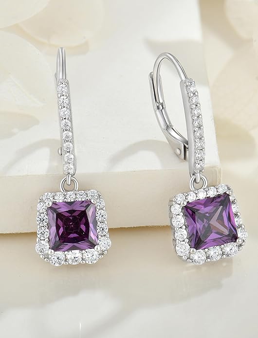 Square Dangle Drop Earrings Sterling Silver Halo Leverback Earrings Birthstone Jewelry for Women