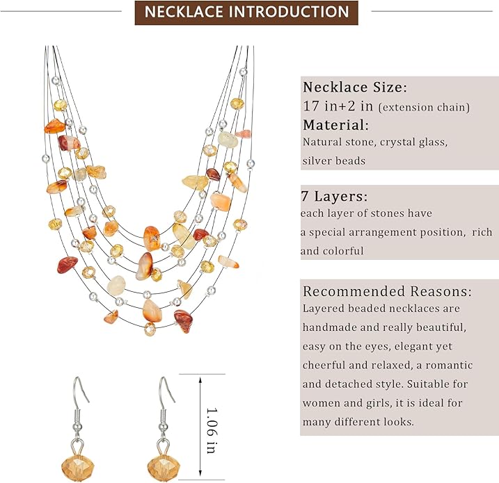 Multi-Layer Boho Shell Beaded Necklace for Women Colorful Crystal Strand with Silver Beads Statement Collars Necklace and Earrings Costumes Jewelry Sets for Women