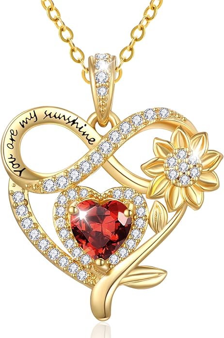 14K Gold Sunflower Heart Necklace for Women, You Are My Sunshine Jewelry with Birthstone Pendant, Anniversary Birthday Gifts for Her Wife Mom Grandma Daughter