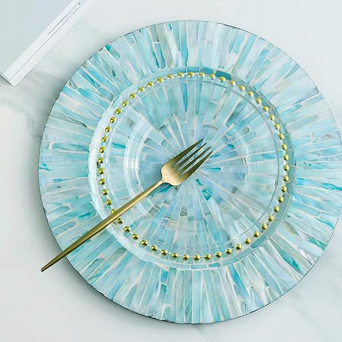 i-lan 2-Pack 13" Mother of Pearl Charger Plates – Hand-Inlaid Sea Shell & Wood in Teal Green – Elegant Gift for Housewarming, Wedding or Hostess | For Dining, Parties & Rustic-Modern Decor