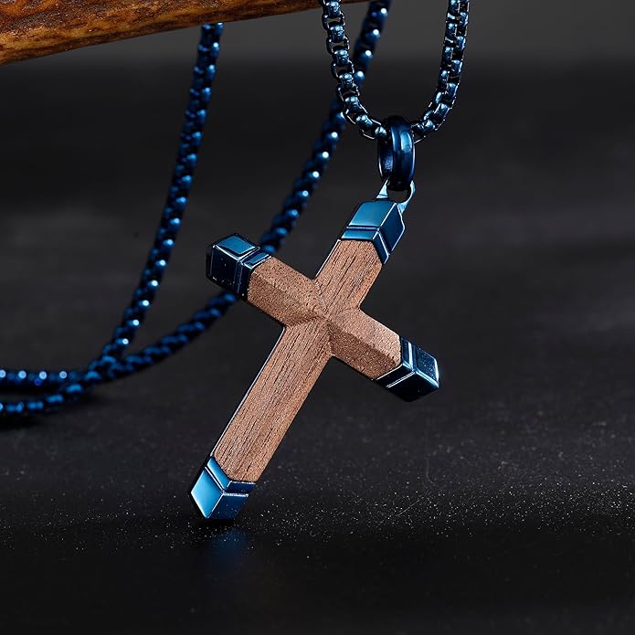 GTMJ Cross Necklace for Men -Stainless Steel & Wood Adjustable Box Chain 24-26in, Spiritual Jewelry Gift for Him, Everyday Wear