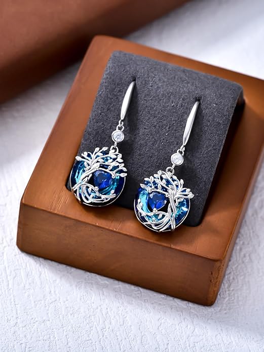 TOUPOP Tree of Life Birthstone Earrings for Women 925 Sterling Silver Family Tree Dangle Earrings Austrian Crystal Jewelry Birthday Christmas Gifts for Her Girlfriend Wife Mom
