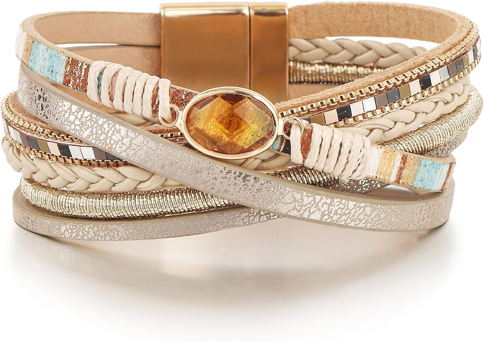 Edoneery Leather Wrap Bracelet for Women, Boho Handmade Multi-Layer Cuff with Crystal Beads Heart, Stackable Bangle Western Jewelry Gift