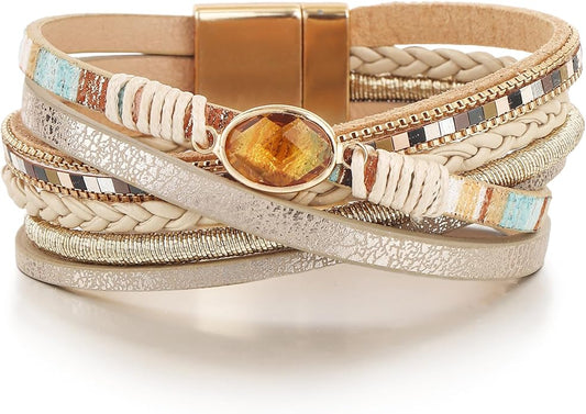 Edoneery Leather Wrap Bracelet for Women, Boho Handmade Multi-Layer Cuff with Crystal Beads Heart, Stackable Bangle Western Jewelry Gift
