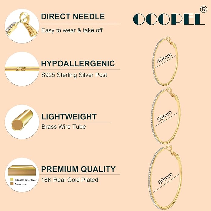 925 Sterling Silver Earrings Large Rhinestone Hoop Earrings Big Cubic Zirconia Hoop Earrings Thin Rhinestones Round Hoop Earrings for Women 20/30/40/50/60/70mm Sparkly Hoops With Crystals for Womens