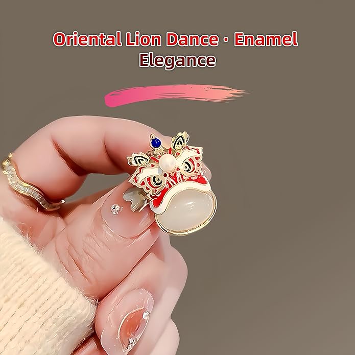 Chinese Lion Dance Brooch, Vintage Enamel Floral & Cat Eye Pearl Adjustable Lapel Pin for Women & Men – Traditional Asian Style Awakening Lion Brooch for Jacket, Blazer, Scarf, Qipao, Wedding, Festival Gift (Gold/Red/Blue)