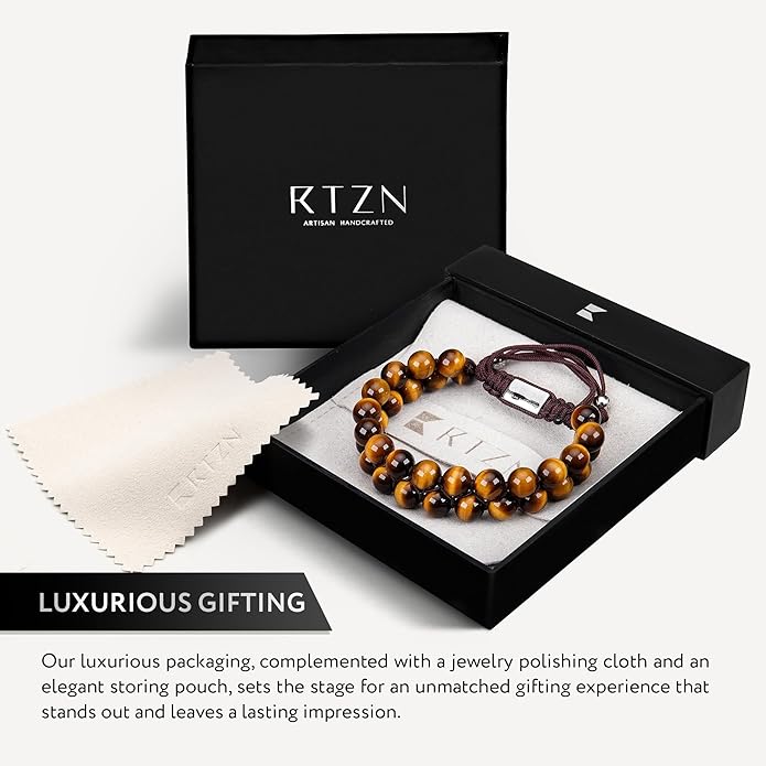 RTZN® Tigers Eye Bracelet for Men – Premium Artisan Handcrafted Golden Brown Tiger Eye Bead Bracelets – Natural Stone Tiger Eye Bracelet Men – Beaded Bracelets for Men