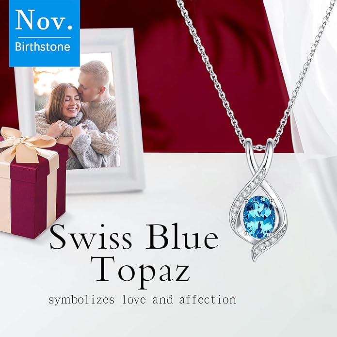 SMILEST Christmas Gifts for Women - 925 Sterling Silver Oval Sparkle Birthstone Pendant Necklace, Gemstone Pendant Anniversary Birthday Gifts for Women Wife Girlfriend Mom Grandma Birthstone Necklace