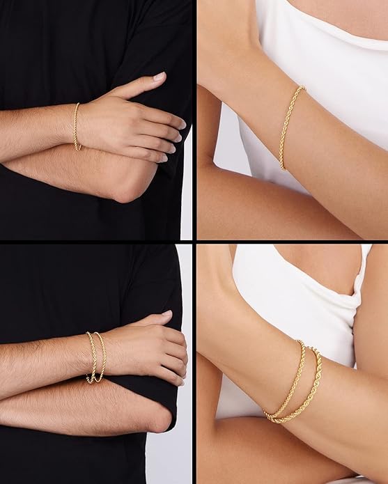 Jewelry Atelier Gold Filled Chain Bracelet Collection - 14K Solid Yellow Gold Filled Rope Chain Bracelets for Women and Men with Different Sizes (2.7mm, 3.8mm)