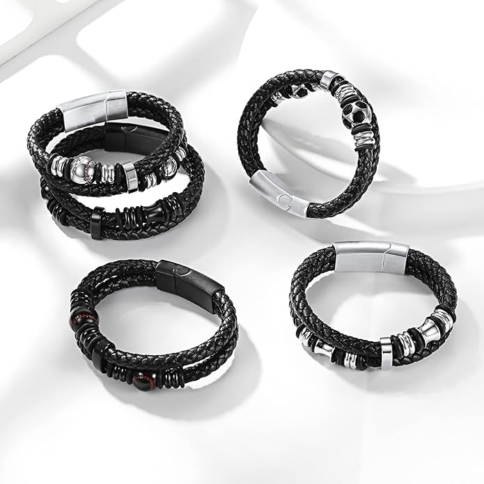 Bestyle Genuine Men Leather Bracelets Fashion Stainless Steel Celtic/Sport Ball Bead Cuff Wirstband Bracelets for Men, Size 7.5/8.3/9.1Inch