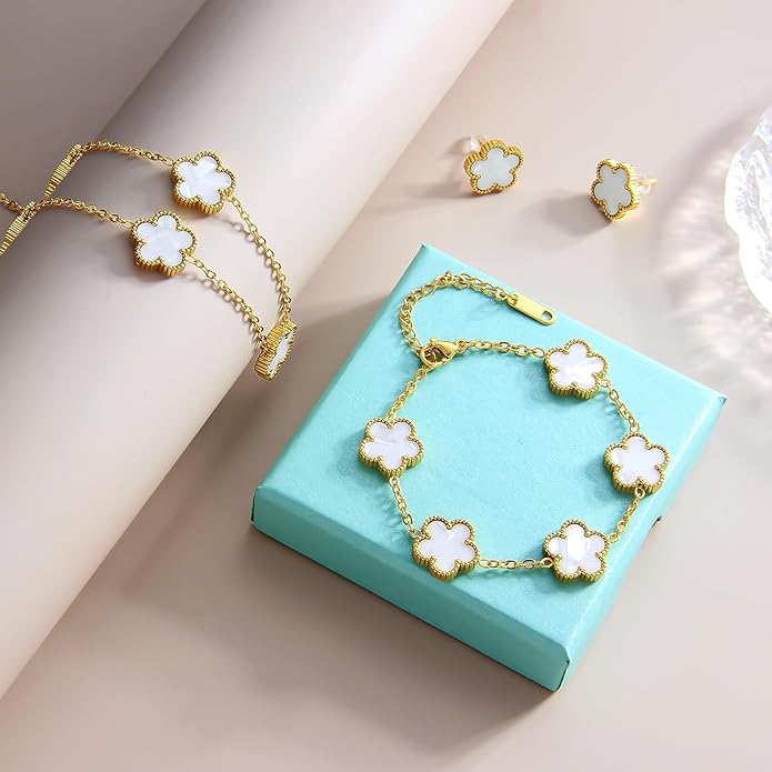 AmorArtSky Lucky Clover Jewelry Set - 18K Gold Plated Flower Design Five Leaf Bracelet, Necklace Pendant, Earrings for Women - Lucky Gifts for Mom, Wife, Daughter, Friends