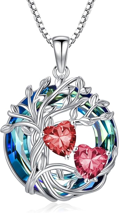 TOUPOP s925 Sterling Silver Family Celtic Tree of Life Pendant Necklaces with 2 Heart Birthstone with Blue Austrian Crystal Jewelry Birthday Anniversary Christmas Gifts for Her Wife Girlfriend Mom (18K Real White Gold Filled)