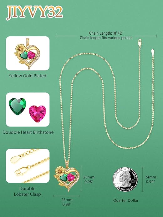 Sunflower Heart Necklace for Women 14K Gold Exquisite Anniversary Birthday Gifts for Wife Mother Her Double Birthstone Pendant jewelry‘You Are My Sunshine’