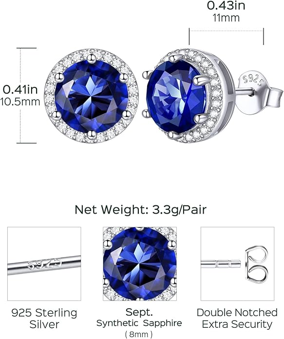 ChicSilver 925 Sterling Silver Birthstone Earrings for Women, 8MM/2 Carat Heart & Round Cubic Zirconia Stud Earrings, Hypoallergenic Jewelry, Ideal Birthday or Christmas Gifts