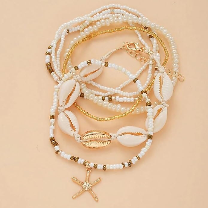 Shell Ankle Bracelet Set for Women, Gold Plated Boho Bead Adjustable Anklet, Hawaiian Beach Seashell Pearl Heart Starfish Conch Foot Jewelry Gifts