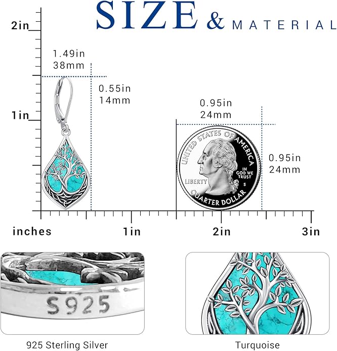 Eusense Sterling Silver Dangle Earrings for Women Tree of Life Animals Moonstone Turquoise Leverback Earrings Jewelry Gifts