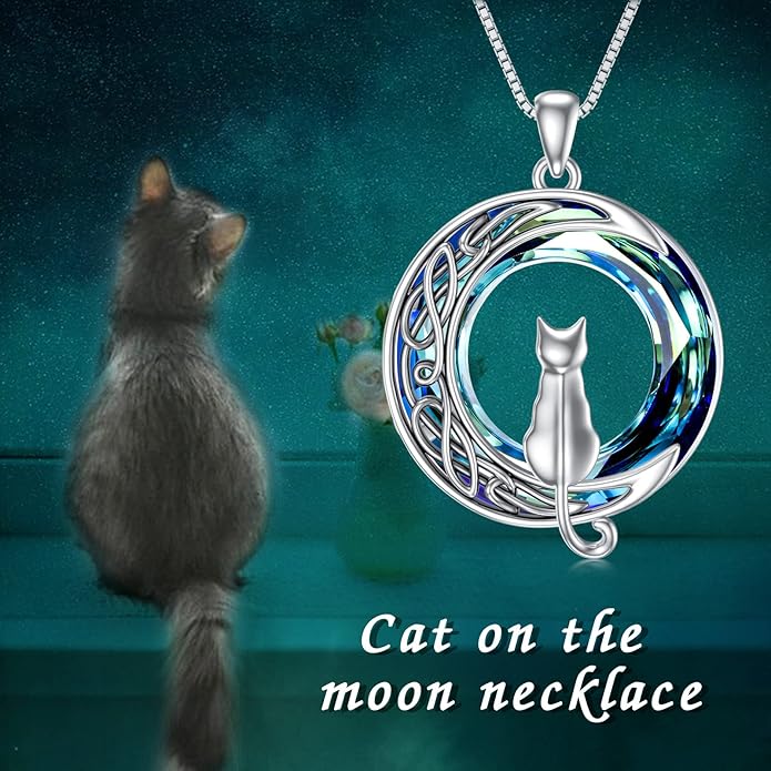 TOUPOP Christmas Cat Gifts for Cats Lovers One Two Three Four Cats Necklace Sterling Silver Cats on the Moon Pendant Necklace with Blue Circle Crystal Birthday Christmas Celtic Jewelry Gifts for Women