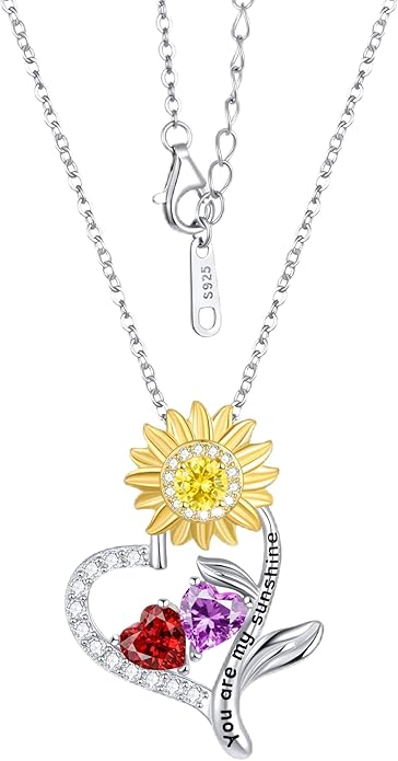 PERJI Valentine's Day Gifts for Women - 925 Sterling Silver Double Birthstone Sunflower Necklace, Anniversary Birthday Jewelry You are My Sunshine Gifts for Wife Couple Girlfriend 18"+2" Non Tarnish