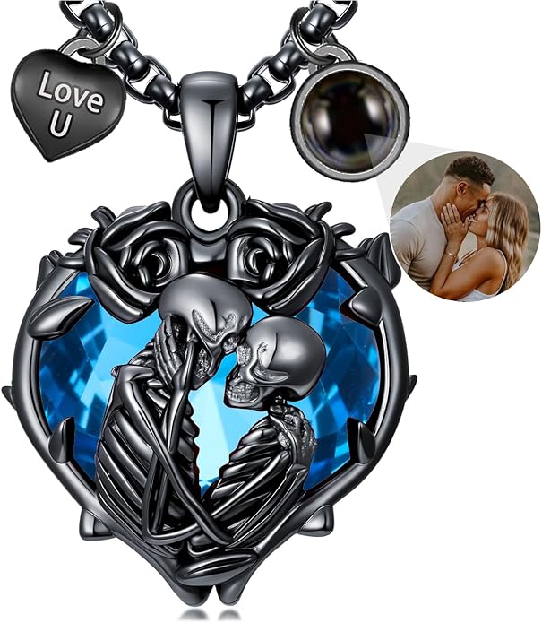 Flpruy 925 Sterling Silver Black Gothic Jewelry Gifts Skeleton Couple Pendant Crystal Birthstone Heart Necklace Punk Romantic Jewelry for Lover Men Women