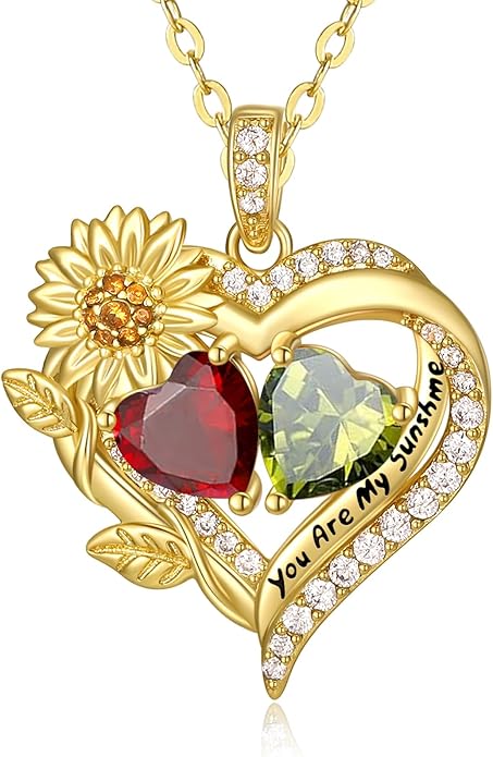 Sunflower Heart Necklace for Women 14K Gold Exquisite Anniversary Birthday Gifts for Wife Mother Her Double Birthstone Pendant jewelry‘You Are My Sunshine’