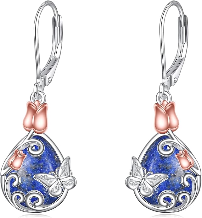 AOBOCO Butterfly/Dragonfly/Bee/Ladybug Leverback Earrings 925 Sterling Silver Rose Lotus Tulip Flower Filigree Dangle Earrings Teardrop Moonstone Larimar Turquoise Abalone Shell Jewelry Birthday Gifts for Women