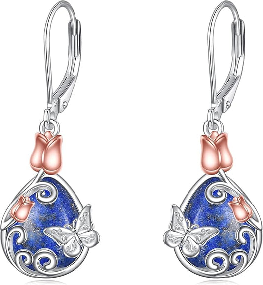 AOBOCO Butterfly/Dragonfly/Bee/Ladybug Leverback Earrings 925 Sterling Silver Rose Lotus Tulip Flower Filigree Dangle Earrings Teardrop Moonstone Larimar Turquoise Abalone Shell Jewelry Birthday Gifts for Women